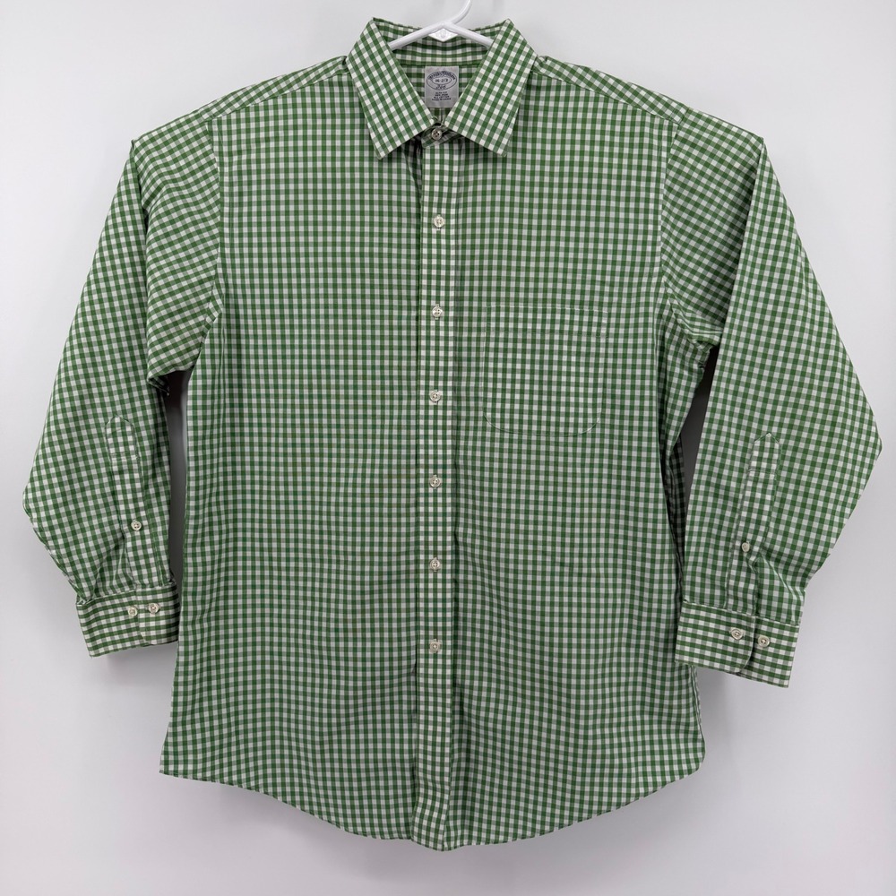 Brooks Brothers 346 Mens 16-2/3 Slim Fit Non-Iron Gingham Shirt Green White Prep - Picture 2 of 13